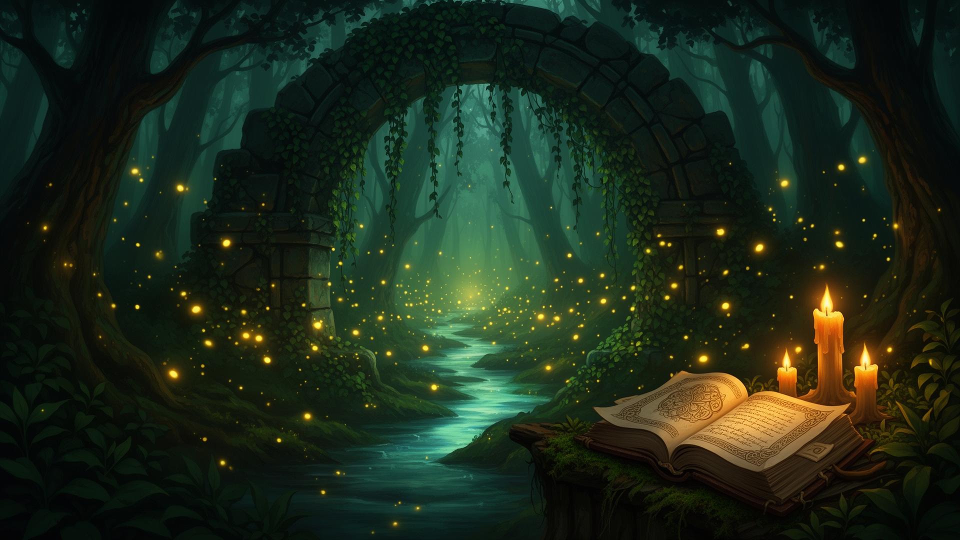Enchanted forest archway with glowing stream and open spellbook